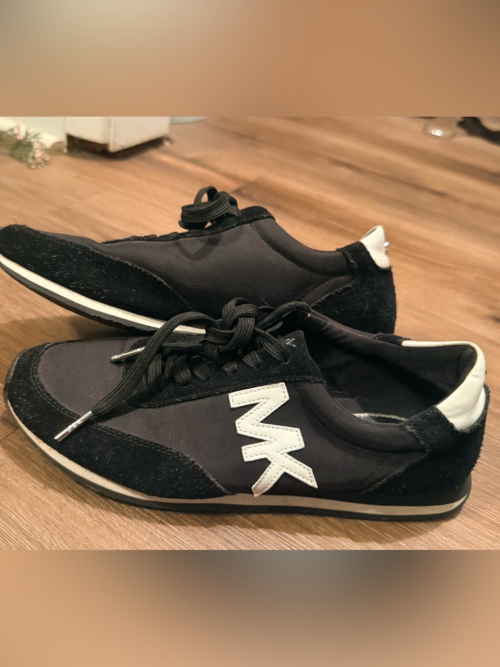 Black Michael Kors Knit & Suede Sneakers with White Accent MK Patch